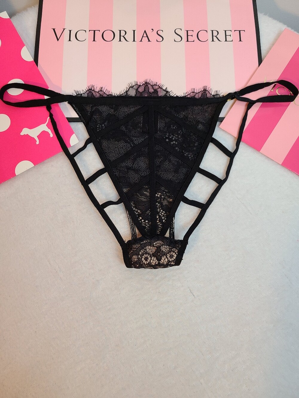 Y2K Victoria's Secret Sexy Eyelash Lace Strappy Cut-out Back String Bikini Panty - Picture 3 of 6